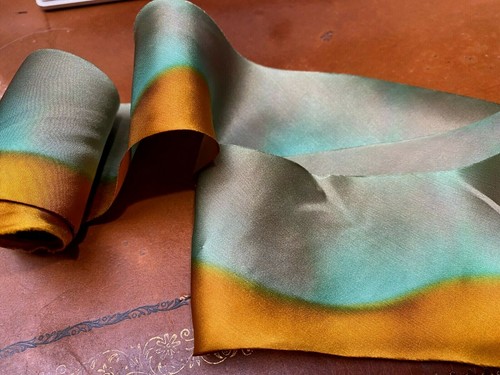 silk ribbon hand dyed 2.5" on the bias 1yd made in USA green ochre - Picture 1 of 3