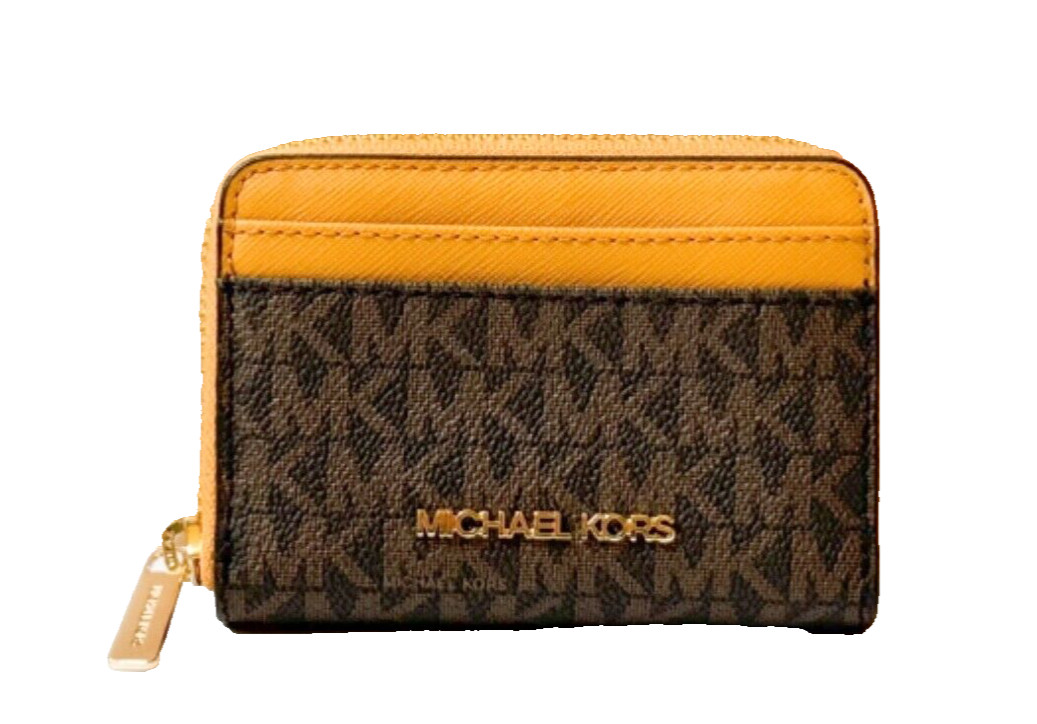 MICHAEL KORS JET SET TRAVEL MD ZIP AROUND CARD CASE WALLET MK BROWN/MARIGOLD