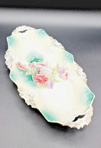 Antique R.S. Prussia Fancy Porcelain 12" Celery Plate with Rose & Other Flowers - Picture 12 of 15