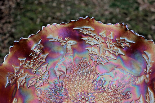ANTIQUE FENTON STAG AND HOLLY CARNIVAL GLASS LARGE RUFFLED BOWL - MARIGOLD - Picture 4 of 7