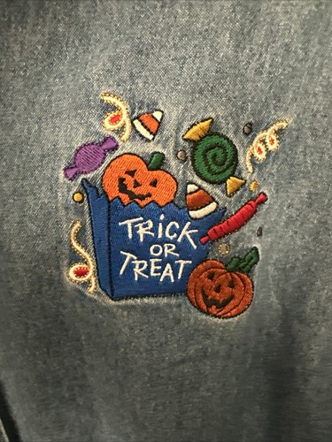 Jeans vintage 2XL denim donna Halloween ricamato dolcetto o scherzetto top anni '90 - Foto 2 di 7