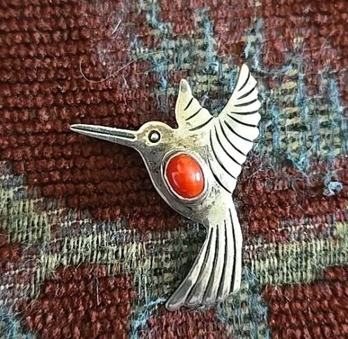 L. SMILEY Indianer signiert Sterling Silber 925 W Koralle Kolibri Pin