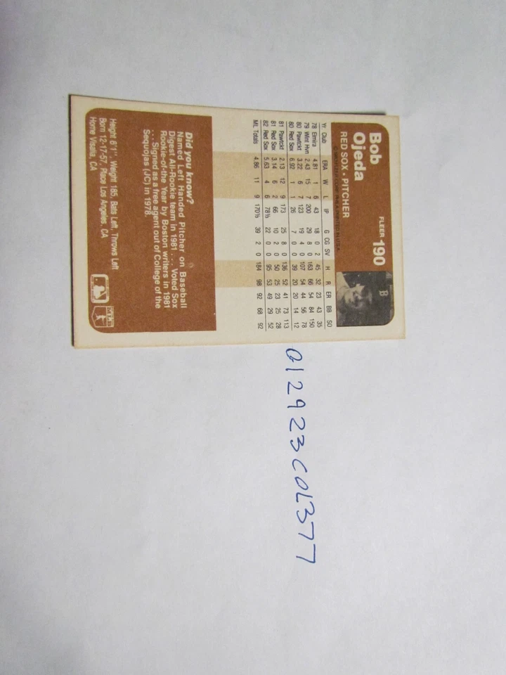 1983 Fleer Bob Ojeda Signed Baseball Card - Image 3 of 3