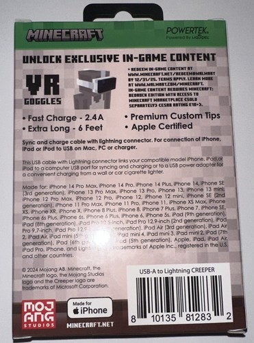 NEW! Minecraft USB-A to Lightning CREEPER 6ft Fast Charging Cable MFi-Certified - Photo 4 sur 5