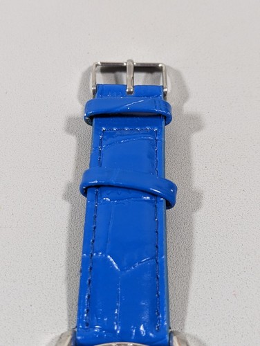 Manhattan by Croton Silvertone Dial Crystal Accent Round Case Blue Leather Watch - Picture 2 of 9