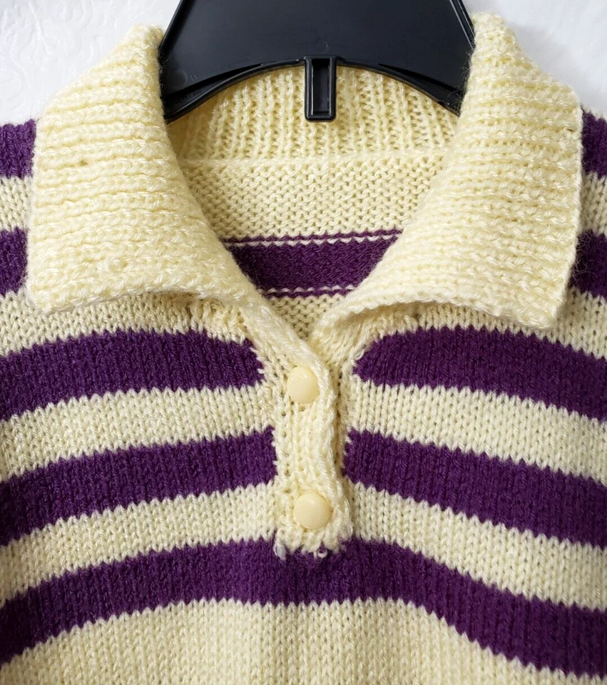 Suéter Polo Vintage Tejido a Mano 8 10 Rugby Manga Larga Púrpura Rayas Preppy Años 80 Foto 4 de 4