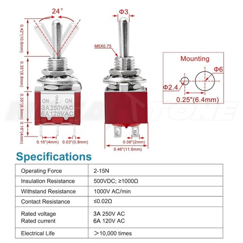 DPDT Momentary Mini Toggle Switch (ON)-OFF-(ON) 6-Pin Solder Lug 6A/125VAC - Picture 4 of 5