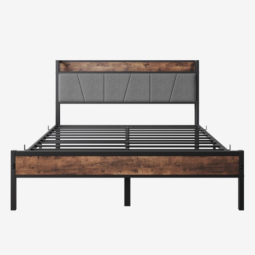 Queen Size Metal & Wood Bed Frame, Storage Headboard with Charging Station - Picture 9 of 9