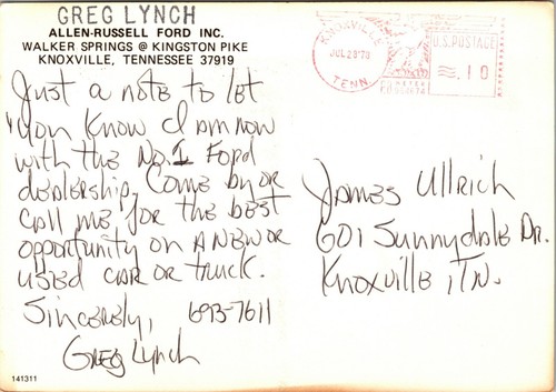 Postal Allen-Russell Ford Knoxville Tennessee 1978 anuncio Renee Stevenson - Imagen 2 de 2