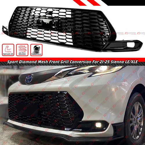 SE STYLE GLOSS BLACK FRONT BUMPER GRILLE CONVERSION FOR 2021-2025 SIENNA LE XLE - Picture 2 of 8