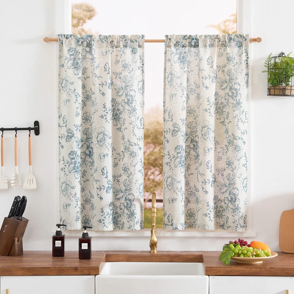 2 Paneles Lino Cortinas de Cocina Cortinas Florales Nivel Granja Cortinas Botánicas Foto 4 de 4