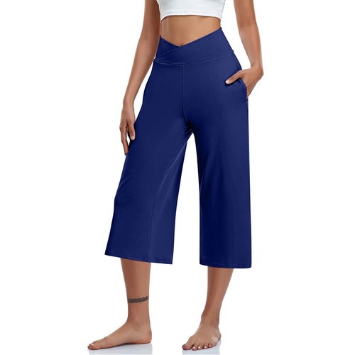 Women Yoga Pants Wide Leg Pants Pockets Solid Capri Pants Bottoms Sweatpants - Picture 16 of 20