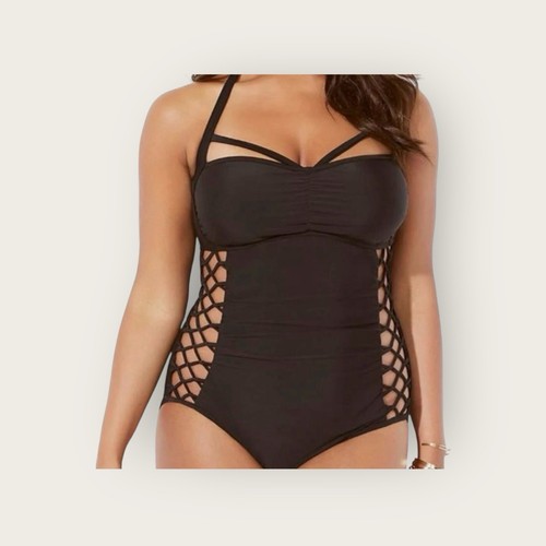 Ashley Stewart Black Swimsuit Cutout Lattice One Piece Halter Bra Top size 8 - Picture 6 of 7