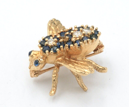 Vintage 1,00 Karat Diamant & Saphir Biene Anstecknadel Brosche 14K Gold - Bild 3 von 6