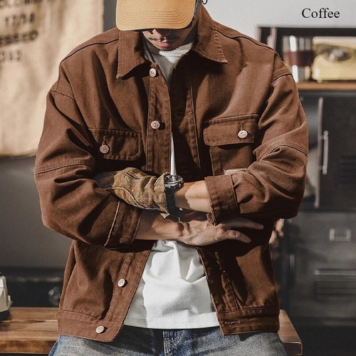 Cappotto uomo americano retrò denim giacca cargo bottoni tasca lavoro primavera jeans - Foto 16 di 20