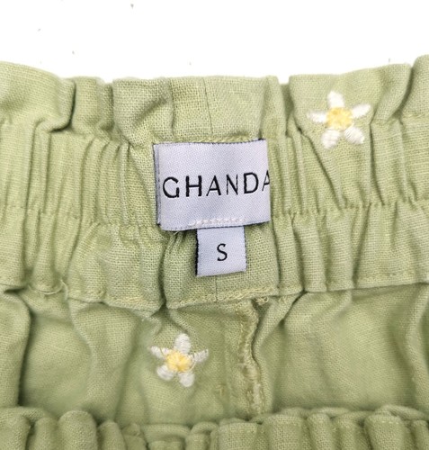 Ghanda Light Green Embroidered Daisy Elastic Waist Linen Blend Belted Shorts - S - Picture 4 of 10
