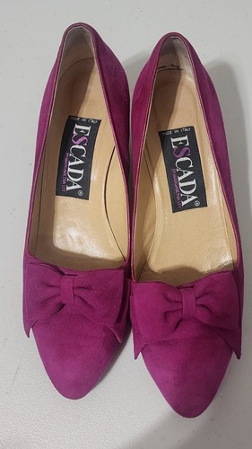 Escada Block Heels Women’s Size 38.5 B Purple Suede Leather Pumps Magenta Bow - Picture 6 of 14