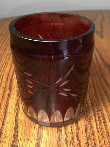 (1) Cranberry Ruby Red Cut to Clear Bohemian Czech Art Glass Tumbler Flower Etch - Picture 2 of 8