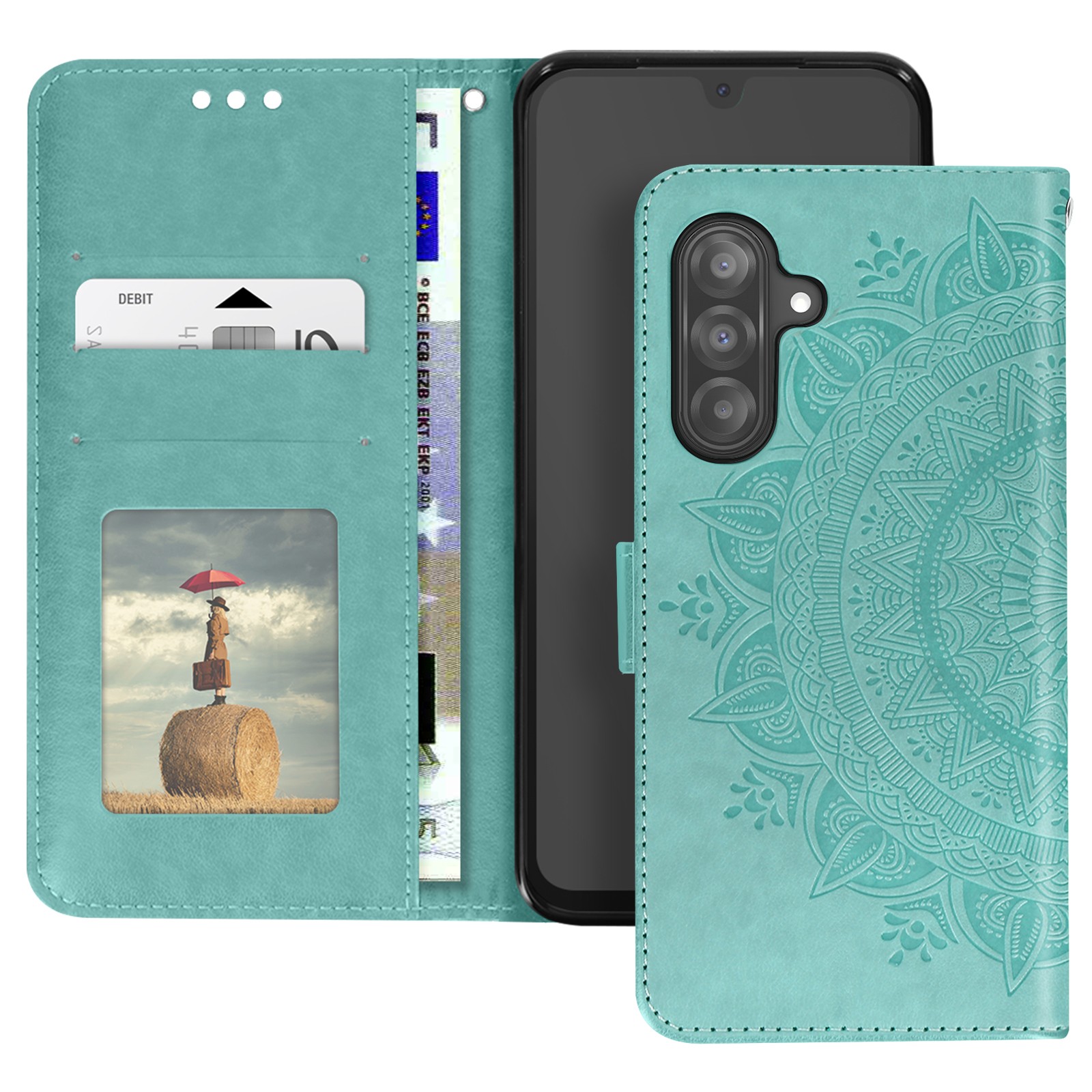 Étui Samsung Galaxy A26 vert avec sangle et fentes cartes - Protection mandala