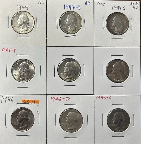 Lot of 9 Washington Quarters – 90% Silver, Mostly BU+/AU,Bid Start at Melt Value