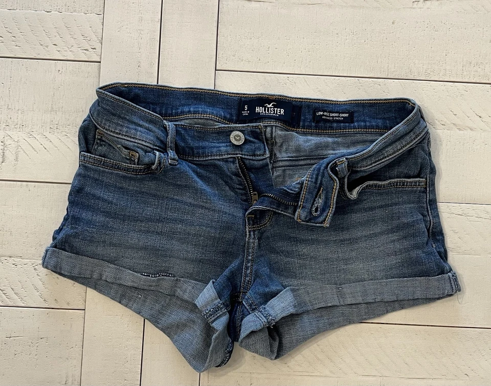 Шорты для девочек Hollister California с низкой талией синие/джинсовые расширенные эластичные 5 - Изображение 2 из 4