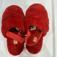 UGG Red Fur Slip-On Slippers Women's Size 7 Elastic Strap Logo Accent