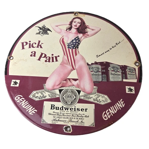 Vintage Budweiser Sign - Adult Beverage Gas Service Station Porcelain Sign