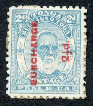 Tonga SG27a 2 1/2d on 2d pale blue half stop attached to E variety Part gum - Picture 1 of 1