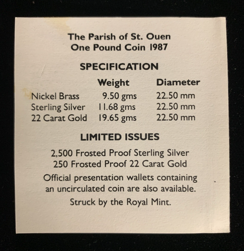 1987 Jersey £1 Silver Proof Coin–Parish of St Ouen–COA & Case–Low Mintage, E-1 - Picture 8 of 12