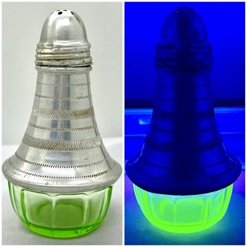 Vintage Uranium Glass Salt Pepper Shaker Green Depression Glass Metal Top