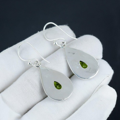 925 Sterling Silver Green Peridot Gemstone Handmade Jewelry Earring Size-1.5" - Picture 3 of 5