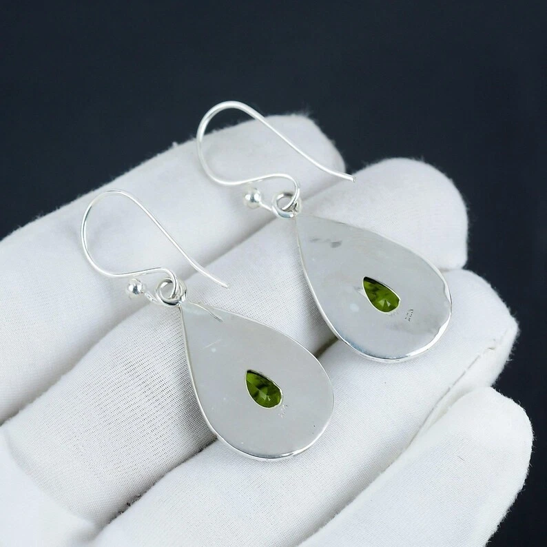 925 Sterling Silver Green Peridot Gemstone Handmade Jewelry Earring Size-1.5" - Image 3 of 4