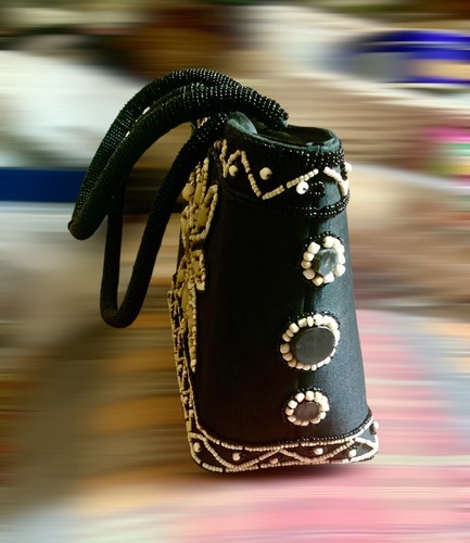Vintage detaillierte schöne Seide schwarze Glasperlen Handtasche 13 ' Fuß. - Bild 2 von 3