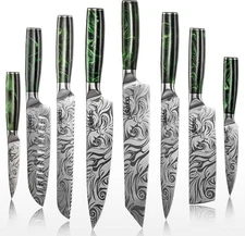 Tengoku Chef Knife Set 8pc High Carbon Steel Damascus Pattern Knives - NIB