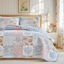 Floral Cotton Quilt Set, Elegant Flowers Grid Patchwork Design, 2 Pieces Twin...