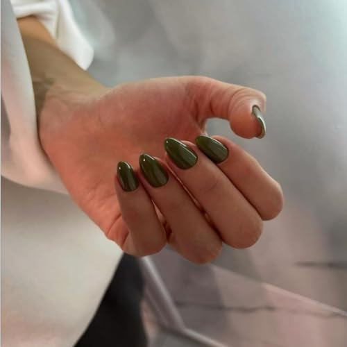 Olive Green Press on Nails Short Oval, Glossy Fake Nails glossy olive green - Bild 3 von 7