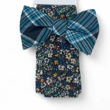 Bar III Men's Luray Plaid Bow Tie Pre-Tied Necktie Floral Pocket Square Blue