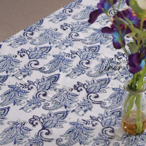 Indian Block Print Tablecloth Blue Paisley Flowers Cotton Dining Table Cover - Picture 8 of 8