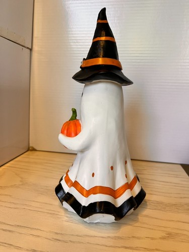 Halloween Holiday Resin Ghost in Witch Hat Holding Pumpkin- Light Up 12" Tall - Picture 5 of 8