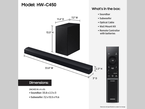 HW-C450 2.1Ch Soundbar W/Dts Virtual X, Subwoofer Included, Bass Boost, Adaptive - Picture 2 of 7