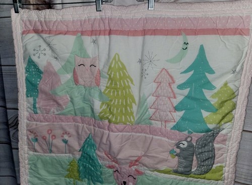 Cloud Island Animal Forest Baby Blanket Bunny Deer Owl Trees Pink Cotton Quilt - Picture 5 of 10