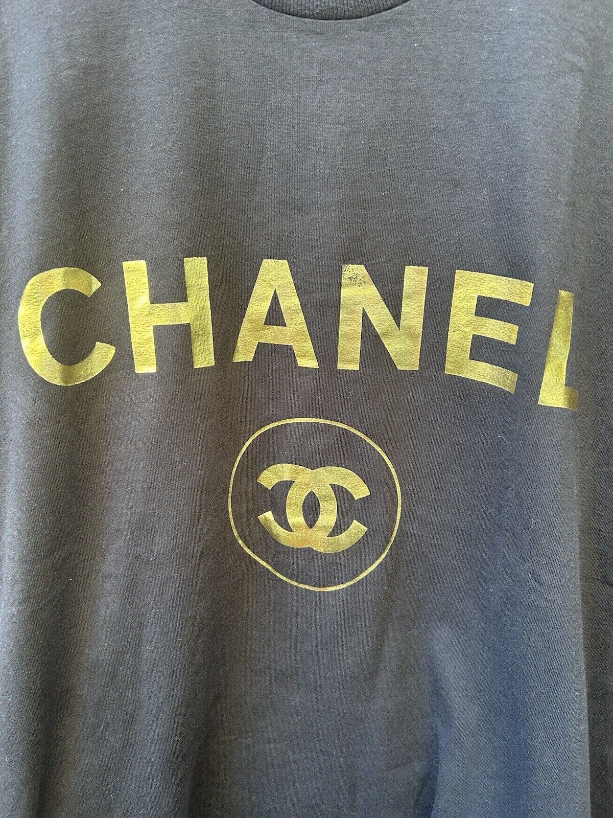Vintage Chanel Bootleg T Shirt Sz L Black Gold 90s Made In USA Screen Stars