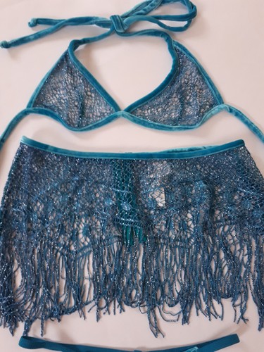 Shirley of Hollywood Size M Sheer Turquoise Bra Thong & Fringe Skirt Lingerie - Picture 4 of 12