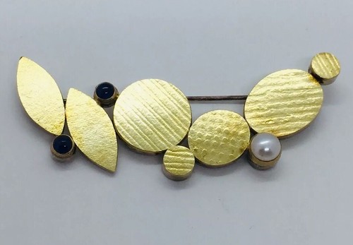 Vintage Sterling Silver 18k Yellow Gold Sapphire Cabochon & Pearl Modernist Pin - Picture 1 of 8