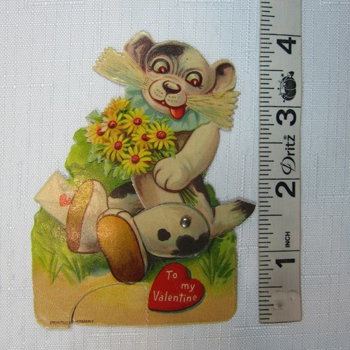 Vintage Valentine Card Mechanical Puppy Dog w/ Flowers Stand Up Germany 1920-30s - Picture 6 of 12