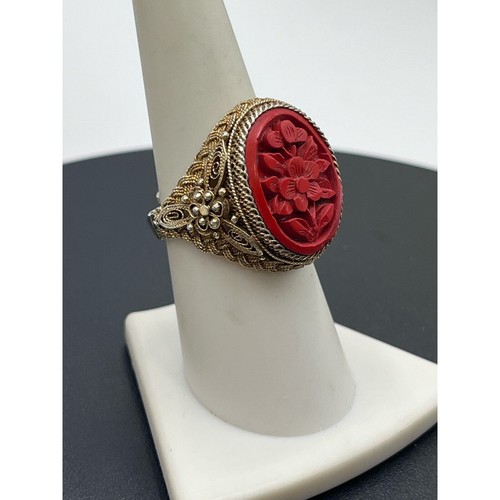 Anello ovale vintage sterling intagliato cinabro loto filigrana oro vermeil AJD 7,5 - Foto 3 di 14