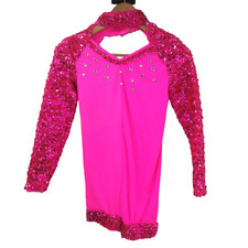 Adult Womans Long Sleeve One Piece Shorts Sequin Dance Costume Size S Hot Pink