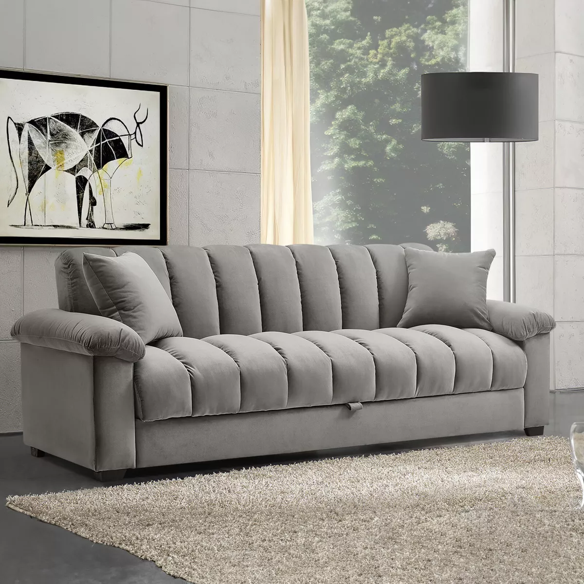 New Stylish Convertible 3 Seater Velvet Fabric Grey Comfortable Storage Sofa Bed