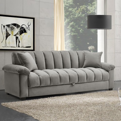 New Stylish Convertible 3 Seater Velvet Fabric Grey Comfortable Storage Sofa Bed - Picture 2 of 12