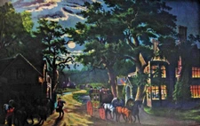 Large Currier and Ives Night Time the WAYSIDE INN Tavern Stagecoach Litho PRINT